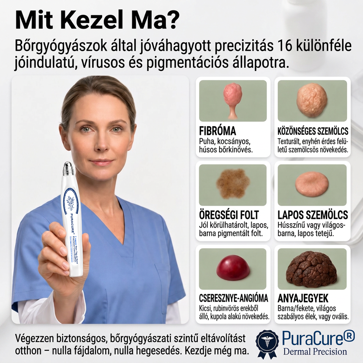 PuraCure® 𝟕 𝐍𝐚𝐩𝐨𝐬 Bőrkinövés- és Folteltávolító Toll Fájdalommentes és Hegmentes Professzionális Rollerball