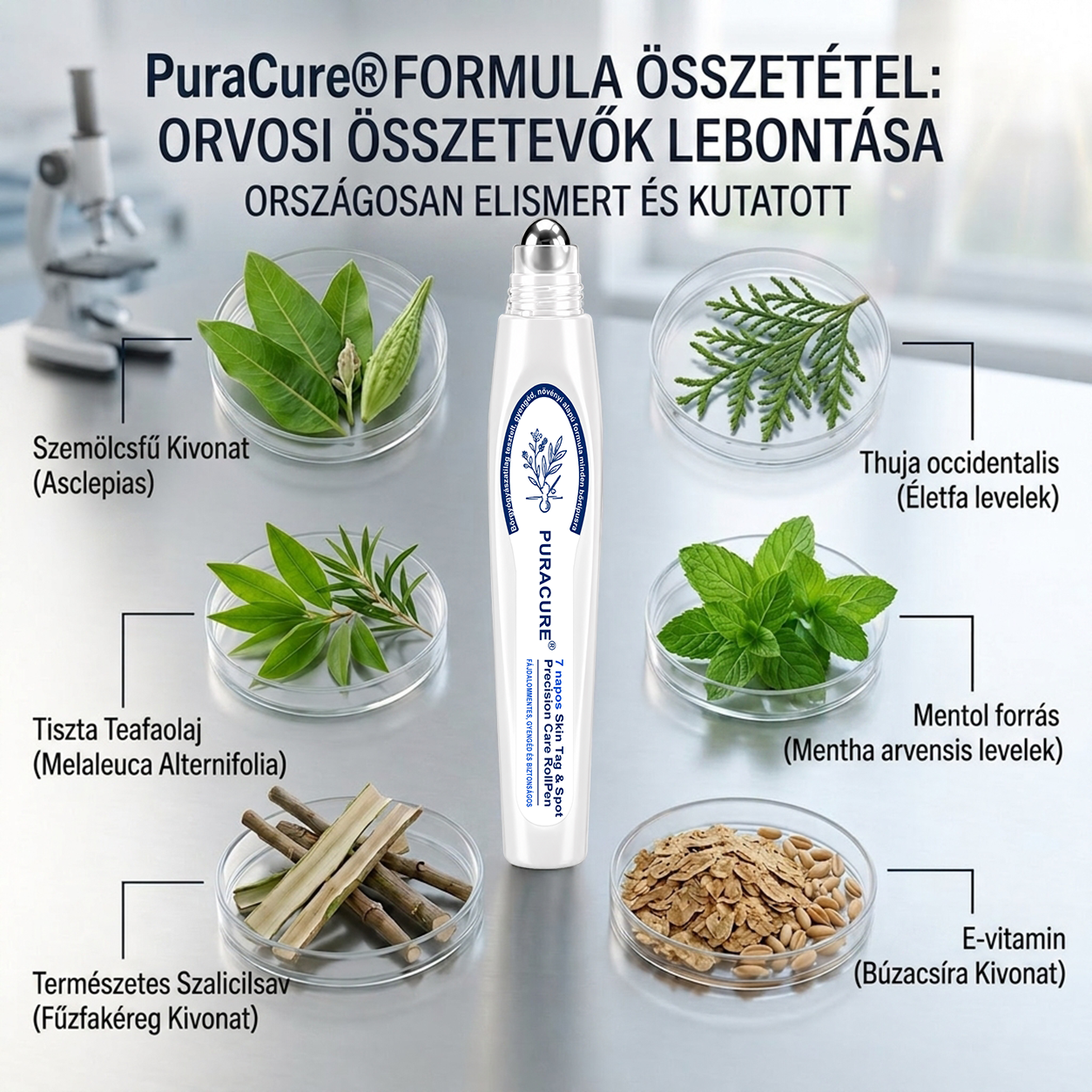 PuraCure® 𝟕 𝐍𝐚𝐩𝐨𝐬 Bőrkinövés- és Folteltávolító Toll Fájdalommentes és Hegmentes Professzionális Rollerball